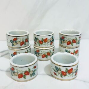 Avon Porcelain Strawberry Napkin Rings with Gold Trim - White and Red